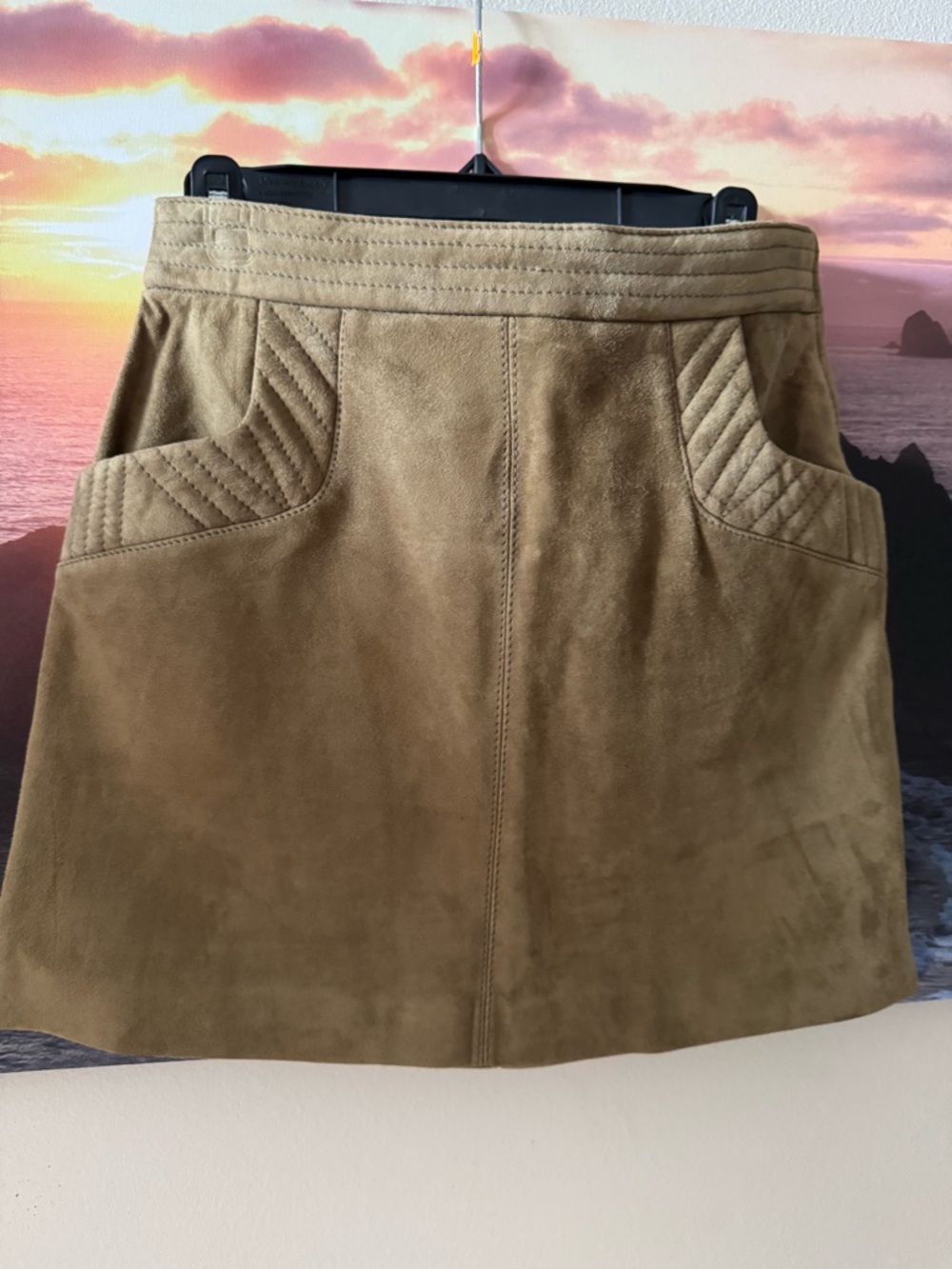 Maje Khaki Leather/Suede Mini Skirt with Quilted Pockets/ 38/ NWT